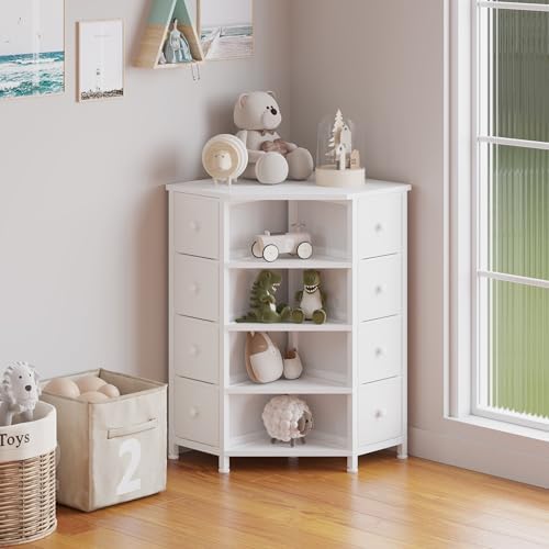 LUMTOK 8 Drawer Corner Dresser with Fabric and Open Shelves White