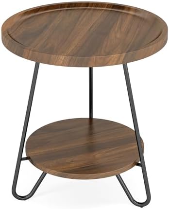 Tribesigns Round Side Table with Metal Legs 2-Tier End Table Modern Industrial Brown