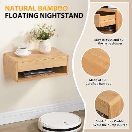 Bamboo Floating Nightstand with Storage Drawer