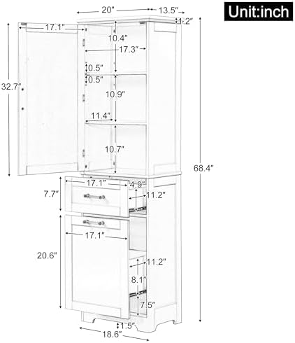 Tall Bathroom Cabinet with Two Drawers and Adjustable Shelf