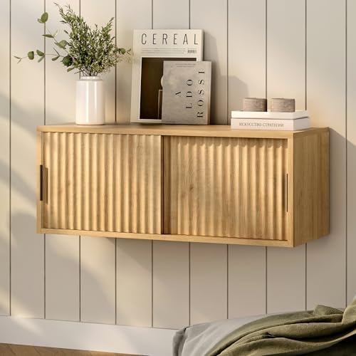 Fluted Wall Cabinet with Sliding Doors Natural Oak