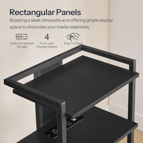 HOOBRO 4-Tier AV Media Console with LED Light and Charging Station Black