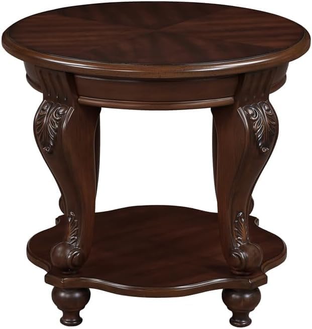 Solid Wood Round End Table with Shelf and Elegant Carvings