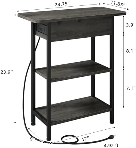 LIDYUK End Table with Charging Station USB Ports and Outlets Flip Top Side Table for Small Spaces Dark Grey