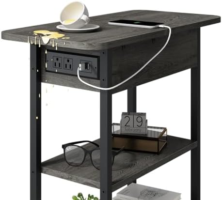 LIDYUK End Table with Charging Station USB Ports and Outlets Flip Top Side Table for Small Spaces Dark Grey