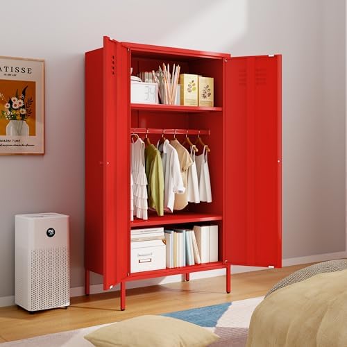 Fumedo Metal Wardrobe Cabinet with Adjustable Shelves and Hanging Rods 2 Door Red