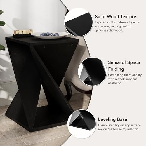 COZAYH Farmhouse End Table Square Solid Wood Pedestal Side Table Rustic Plant Stand with Twisted Design Black