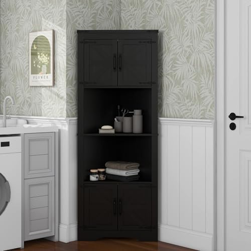 Panana Tall Corner Cabinet with Barn Doors and Adjustable Shelves Black