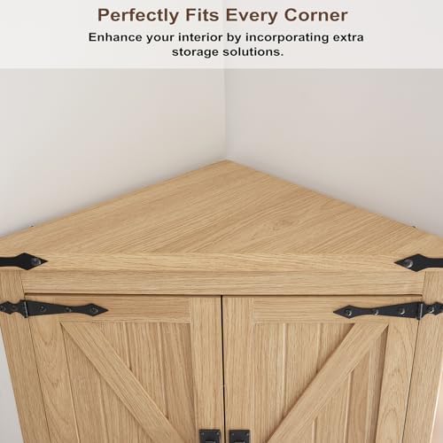 Tall Farmhouse Corner Cabinet with 4 Doors and Adjustable Shelves