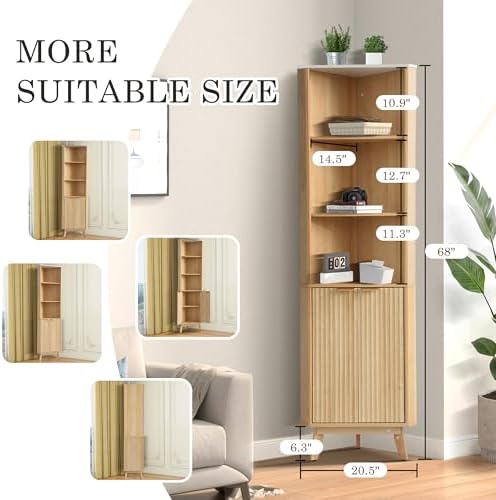 68 Corner Storage Cabinet with Fluted Doors and Adjustable Shelves