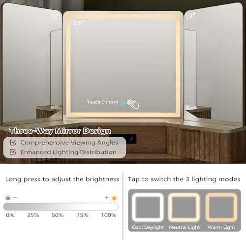 T4TREAM Fluted Makeup Vanity Desk with 3 Way Mirror and LED Lights 48 Inch Corner Table