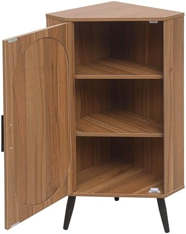 Knocbel Rustic Corner Storage Cabinet with Adjustable Shelves and Rattan Door