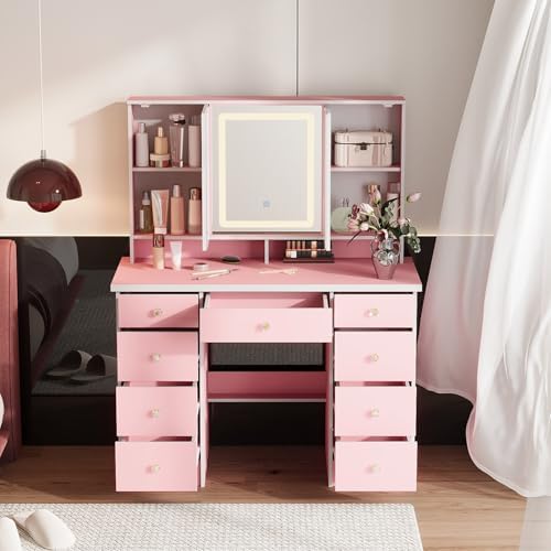 Timechee Vanity Mirror with 9 Drawers and 3 Color Lights