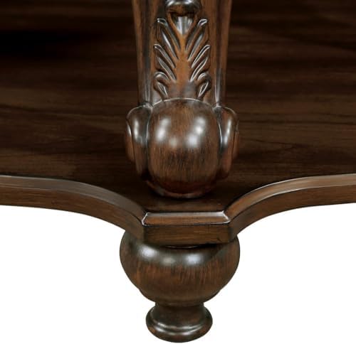 Solid Wood Round End Table with Shelf and Elegant Carvings