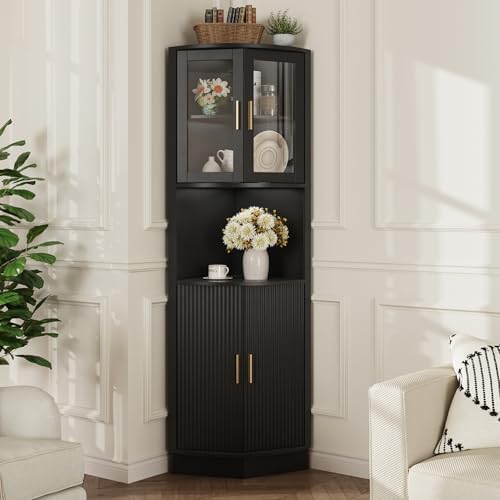 FiveWillowise 649 Tall Corner Cabinet with 5 Shelves Black