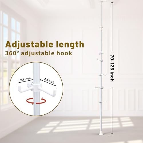 Freestanding Coat Rack with 12 Hooks and Adjustable Tension Rod White