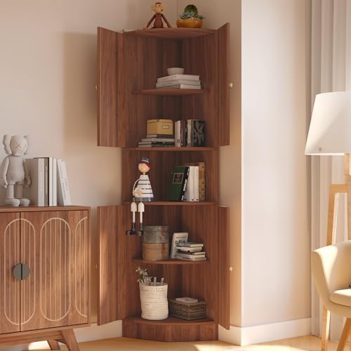 71 Inch Tall Corner Cabinet with Doors and 5-Tier Shelves in Walnut
