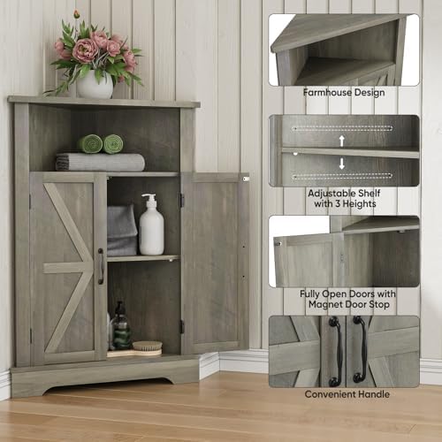 Farmhouse Corner Cabinet with Adjustable Shelves and Doors Grey