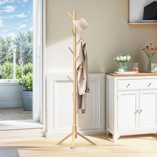 Wooden Coat Rack with 8 Hooks Freestanding