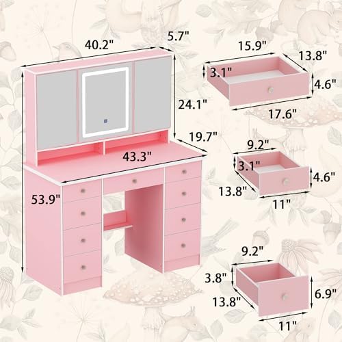 Timechee Vanity Mirror with 9 Drawers and 3 Color Lights