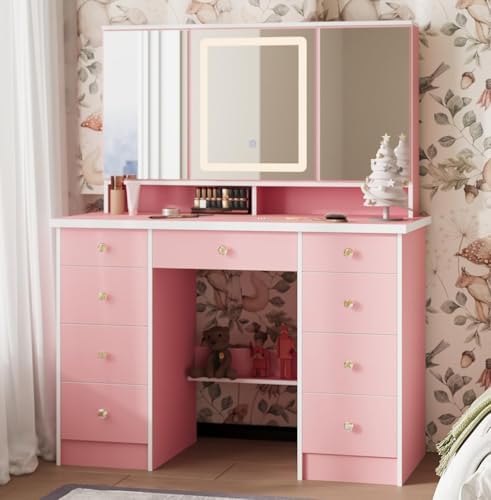 Timechee Vanity Mirror with 9 Drawers and 3 Color Lights