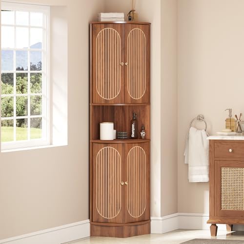 71 Inch Tall Corner Cabinet with Doors and 5-Tier Shelves in Walnut