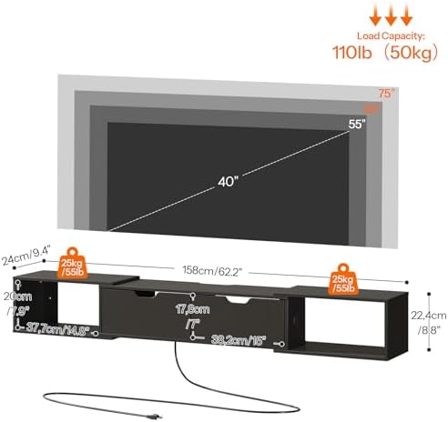 HOOBRO 622 Floating TV Stand with Power Outlet Black