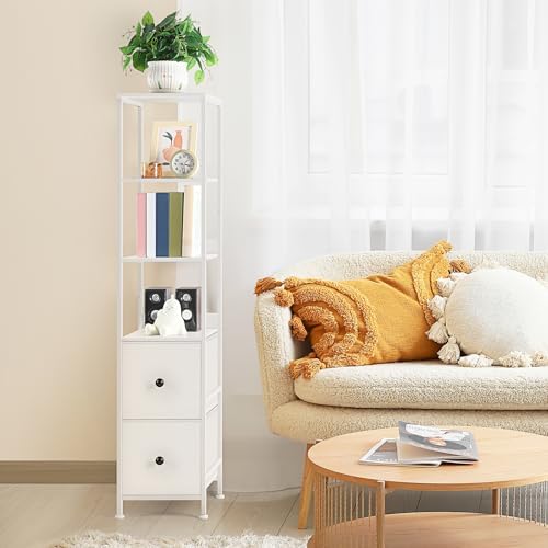 NOVIMANGO White Bathroom Storage Cabinet with 5-Tier Shelves and Fabric Drawers
