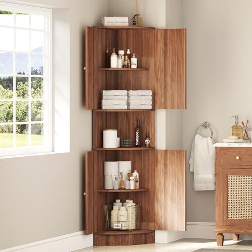 71 Inch Tall Corner Cabinet with Doors and 5-Tier Shelves in Walnut