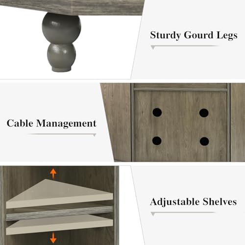 4 Ever Winner Corner TV Stand for 50 Inch TV Farmhouse Style with LED Light Open Storage Adjustable Shelves Grey