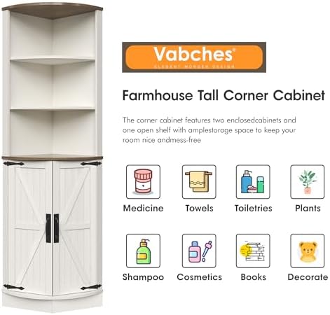 Vabches 648 Tall Farmhouse Corner Cabinet in Antique White