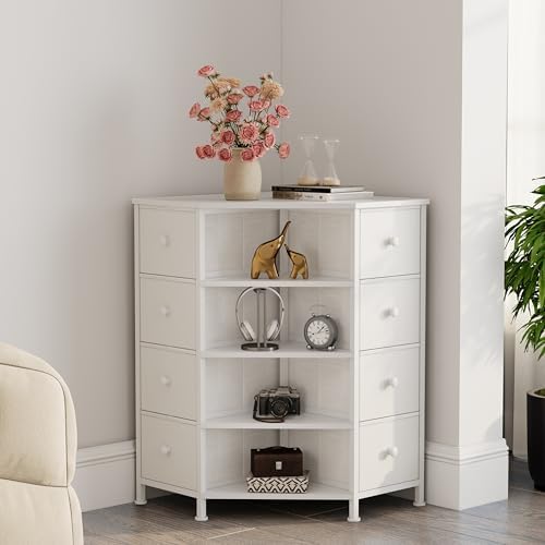LUMTOK 8 Drawer Corner Dresser with Fabric and Open Shelves White