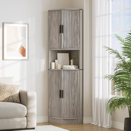 Maupvit 68 Inch Tall Corner Storage Cabinet with 4 Doors and 5 Shelves Rustic Gray