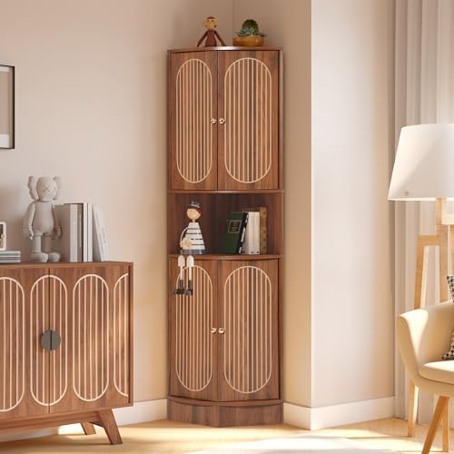 71 Inch Tall Corner Cabinet with Doors and 5-Tier Shelves in Walnut