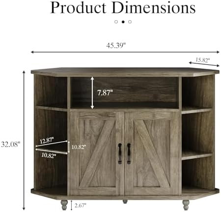 4 Ever Winner Corner TV Stand for 50 Inch TV Farmhouse Style with LED Light Open Storage Adjustable Shelves Grey