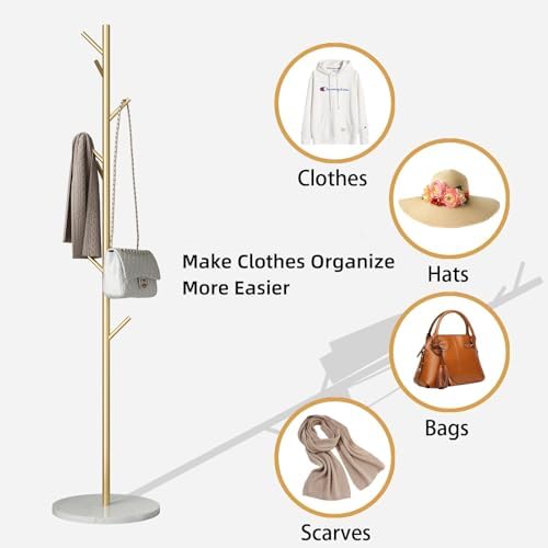 Gold Coat Rack Freestanding with Marble Base and 8 Hooks