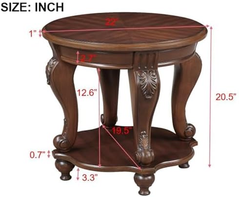 22 Inch Round End Table with Storage Shelf and Cherry Finish