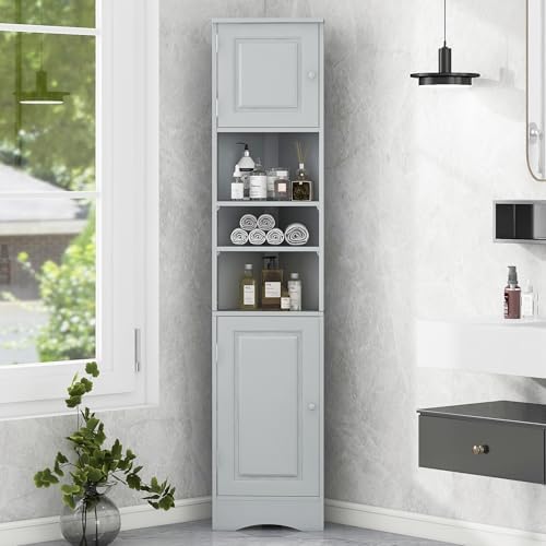 Triangle Tall Corner Storage Cabinet with 2 Doors Open and Adjustable Shelves - Grey
