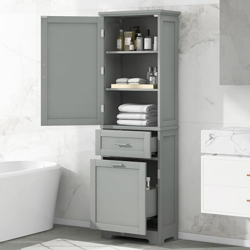 Tall Bathroom Cabinet with Two Drawers and Adjustable Shelf
