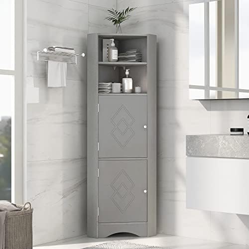Tall Triangle Bathroom Cabinet with Doors and Adjustable Shelves Grey