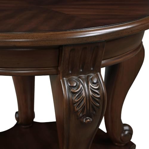 Solid Wood Round End Table with Shelf and Elegant Carvings