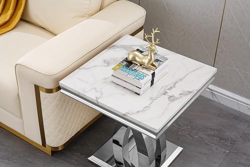 Modern Faux Marble End Table with X-Shaped Stainless Steel Base