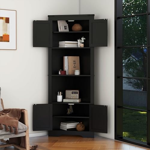 Panana Tall Corner Cabinet with Barn Doors and Adjustable Shelves Black
