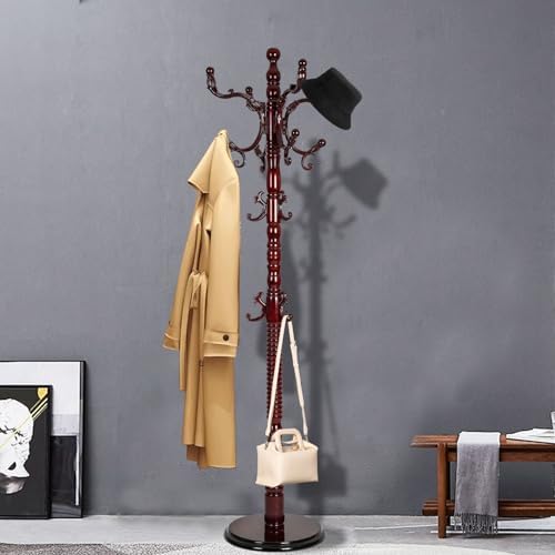 Free Standing Coat Rack with 14 Hooks and Natural Wood Base