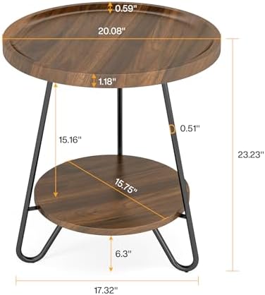 Tribesigns Round Side Table with Metal Legs 2-Tier End Table Modern Industrial Brown