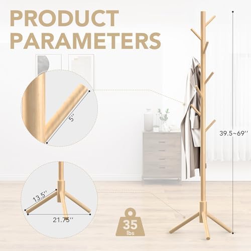 Wooden Coat Rack with 8 Hooks Freestanding