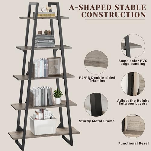 WildVenture 5-Tier A-Shape Bookshelf with Metal Frame