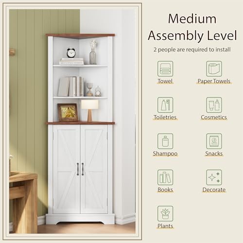 Smuxee Tall Corner Storage Cabinet with Barn Door and Adjustable Shelves