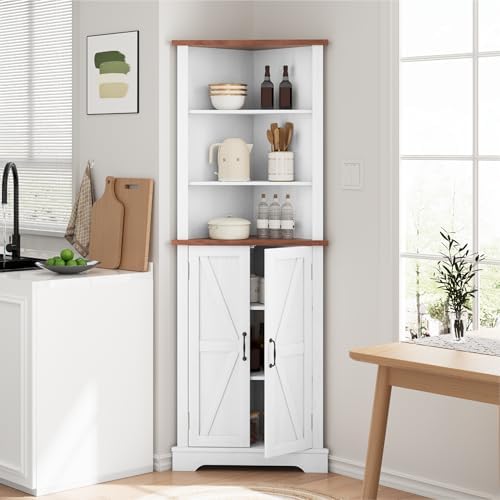 Smuxee Tall Corner Storage Cabinet with Barn Door and Adjustable Shelves