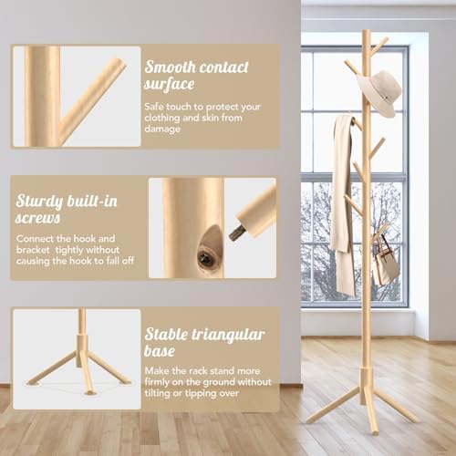 Wooden Coat Rack with 8 Hooks Freestanding